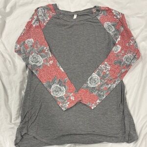 Gray Long Sleeve Top with Floral Accents